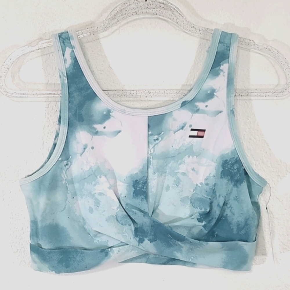 *NWT* TOMMY HILFIGER Green-Turquoise/White Watercolor Print Sports Bra, size L